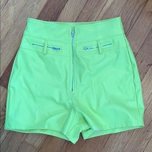 Leather neon yellow high waisted shorts